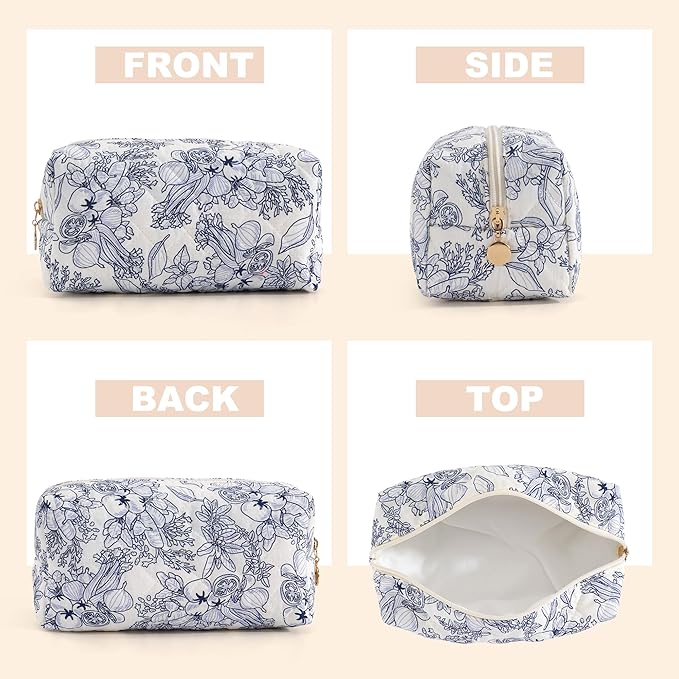 UUYUUY Makeup Bag Travel Toiletry Bag for Women, Small Cosmetic Bags Cute Quilted Cotton Makeup Pouch for Purse Emergency Bag Pencil Case Accessory Bag, Light Cyan