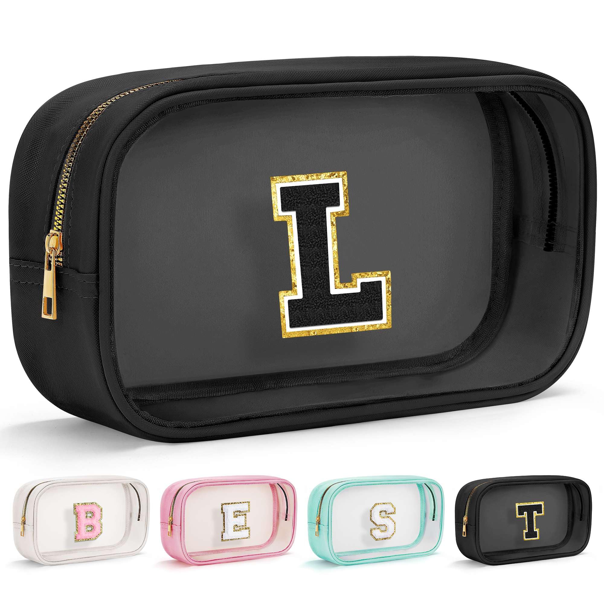YOOLIFE Birthday Gifts for Girls Kids Makeup Bag Organizer Clear Toiletry Bags for Traveling Women Cosmetic Bags with Zipper Birthday Gifts for 3 4 5 6 7 8 9 10 11 12 13 Year Old Girls Black Initial L