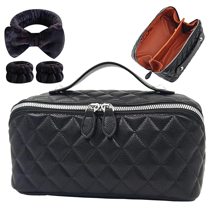 Cuteseason PU Leather Makeup Bag for Women, Structured Makeup Case with Wide Opening, Travel Cosmetic Bag with Compartments and Handle, Water-Resistant Makeup Organizer(Black Diamond Quilted)