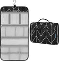 PAVILIA Hanging Toiletry Bag for Women Men, Large Foldable Toiletries Organizer with Hook, Water-Resistant Makeup Cosmetic Rollup Case, Clear Pockets for Bathroom, Gym, Cruise (Black Chevron)