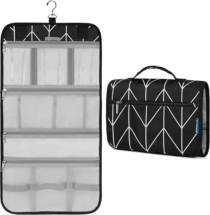 PAVILIA Hanging Toiletry Bag for Women Men, Large Foldable Toiletries Organizer with Hook, Water-Resistant Makeup Cosmetic Rollup Case, Clear Pockets for Bathroom, Gym, Cruise (Black Chevron)