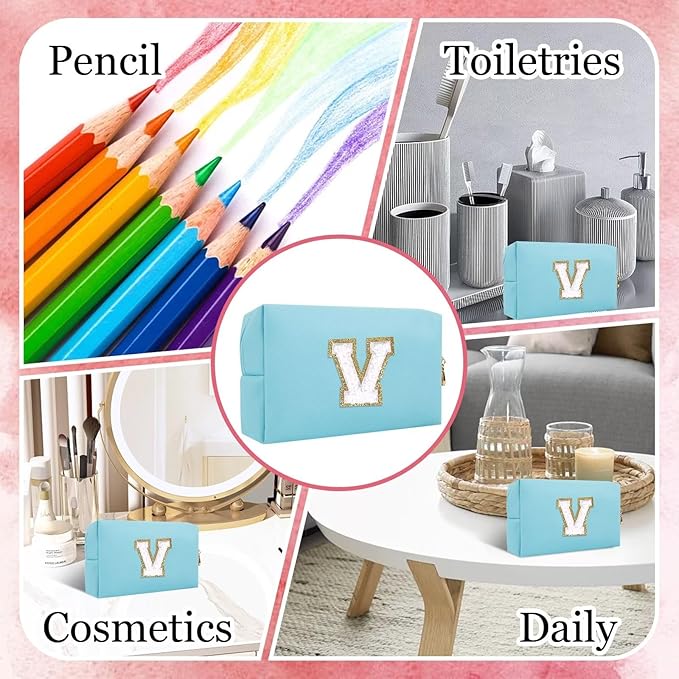 HENGNI Small Personalized Letter Makeup Bag, Cute PU Leather Chenille Letters Cosmetic Bag Travel Makeup Pouch, Preppy Travel Organizer Zipper Pouch for Women&Girls（Blue-V）