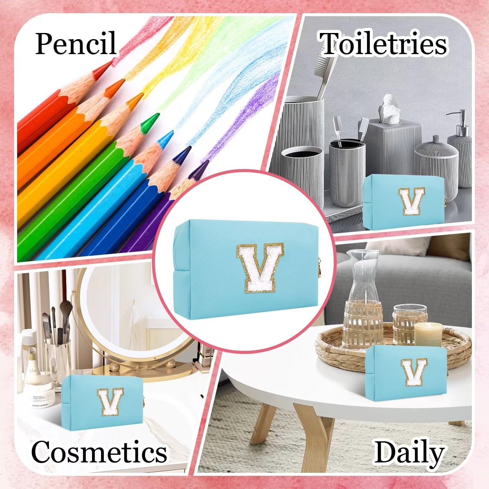 HENGNI Small Personalized Letter Makeup Bag, Cute PU Leather Chenille Letters Cosmetic Bag Travel Makeup Pouch, Preppy Travel Organizer Zipper Pouch for Women&Girls（Blue-V）