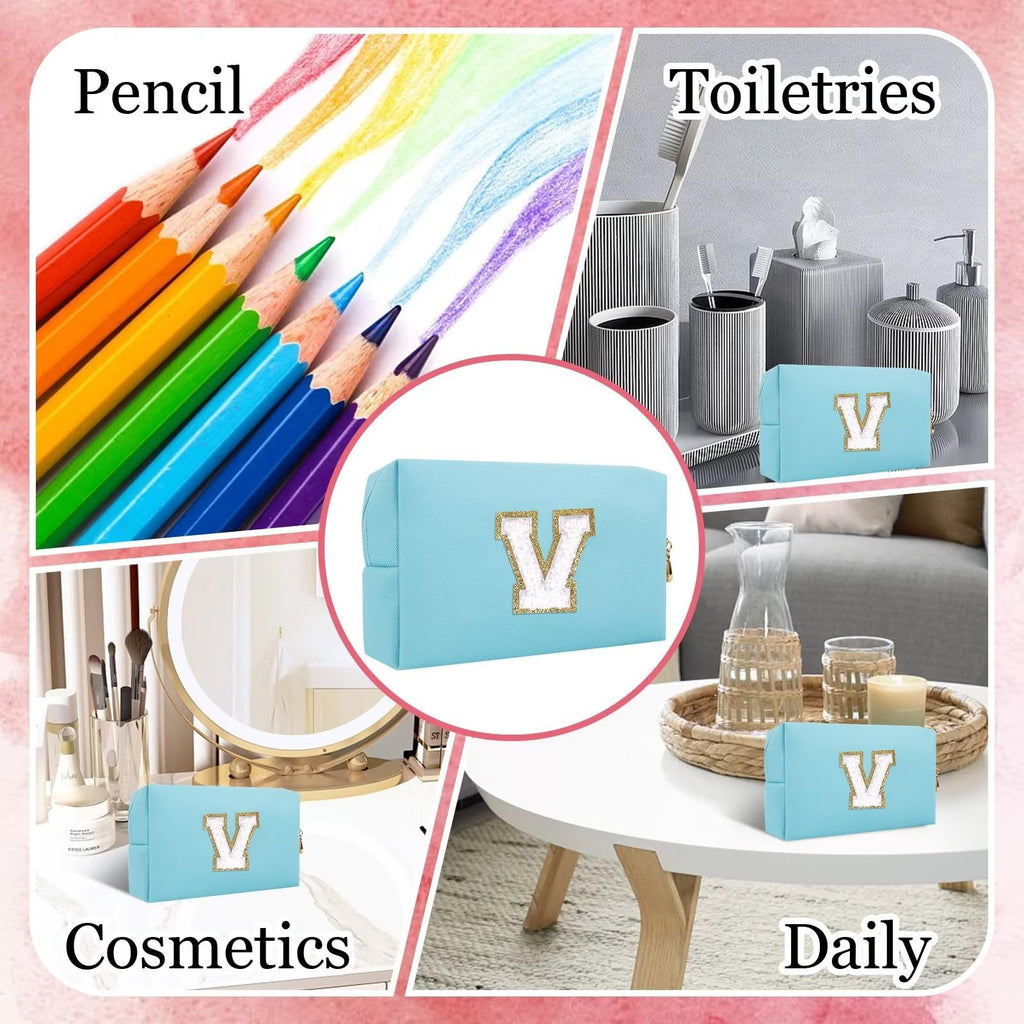 HENGNI Small Personalized Letter Makeup Bag, Cute PU Leather Chenille Letters Cosmetic Bag Travel Makeup Pouch, Preppy Travel Organizer Zipper Pouch for Women&Girls（Blue-V）