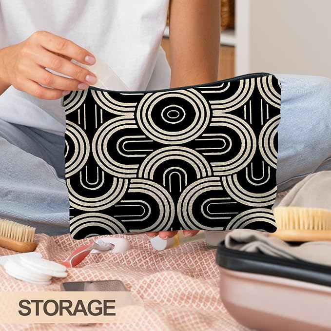 RYYCDOI Abstract Beige and Black Makeup Bag, Modern Minimalist Art Deco Cosmetic Bags for Women, Mid Century Modern Zipper Makeup Pouch