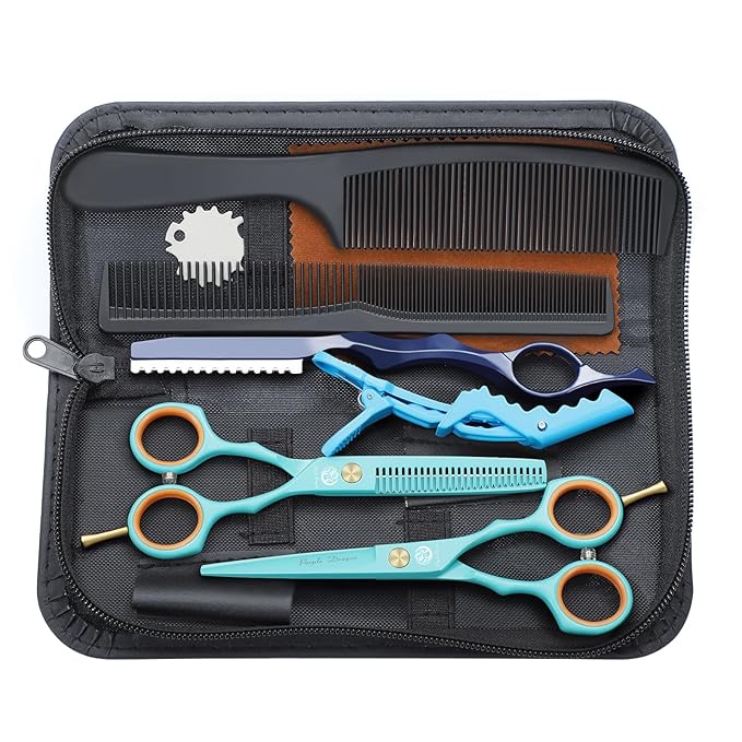Purple Dragon 5.5 inch Hair Cutting Scissors Set with Razor - Blue