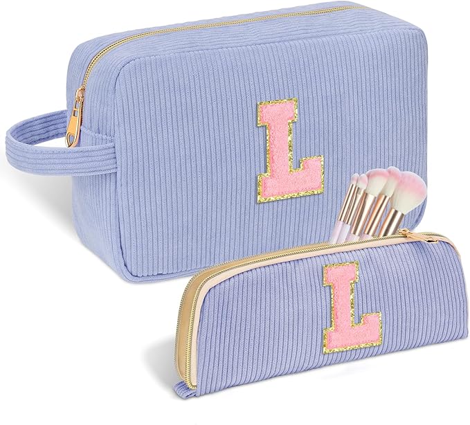 Sernaxi Personalized Initial Makeup Bag Trendy Stuff Corduroy Cosmetic Bag Travel Toiletry Bag, Valentine’s Day Gift Makeup Organizer Case & Makeup Pouch for Women Teen Girls Mom Girlfriend Wife