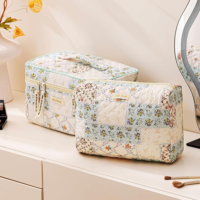 HBselect Quilted Makeup Bag, 3Pcs Cotton Large Travel Makeup Bags Organizer