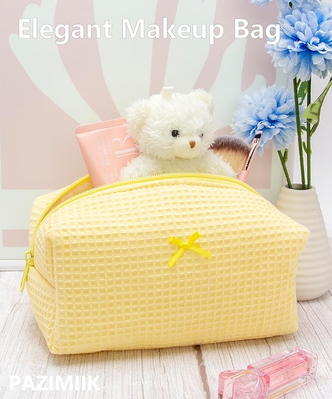 Cozy Makeup Bag for Women,Zipper Cosmetic Pouch,Waffle Yellow,2 Pack