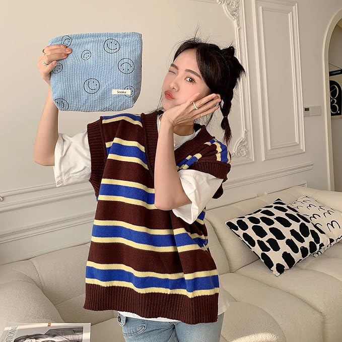 Gardsell Cosmetic Bags for Women - Corduroy Cosmetic Bag Aesthetic Women Handbags Purses Smile Dots Makeup Organizer Storage Makeup Bag Girls Case Bags (A-Blue)