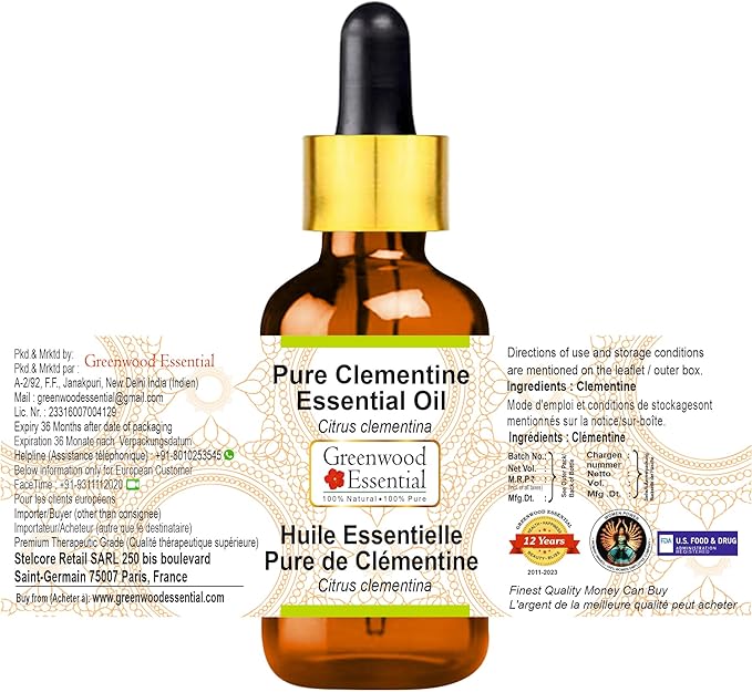 Greenwood Essential Pure Clementine Essential Oil (Citrus Clementina) with Glass Dropper Steam Distilled 10ml (0.33 oz)