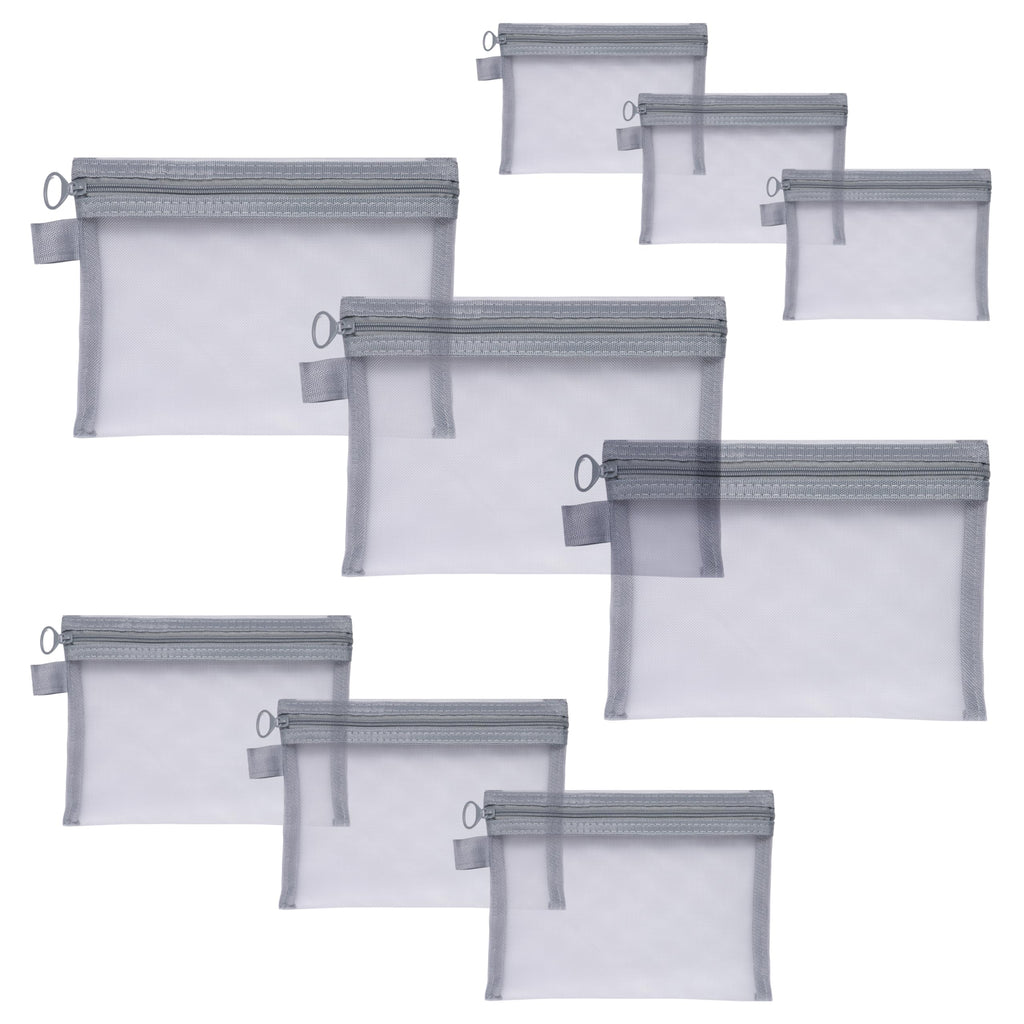 Quotidian Flat Clear Mesh Zipper Pouch Gray Makeup Brush Bag Travel Organizer 3-Size Pack of 9 - Vacation Gym Everyday Carry School