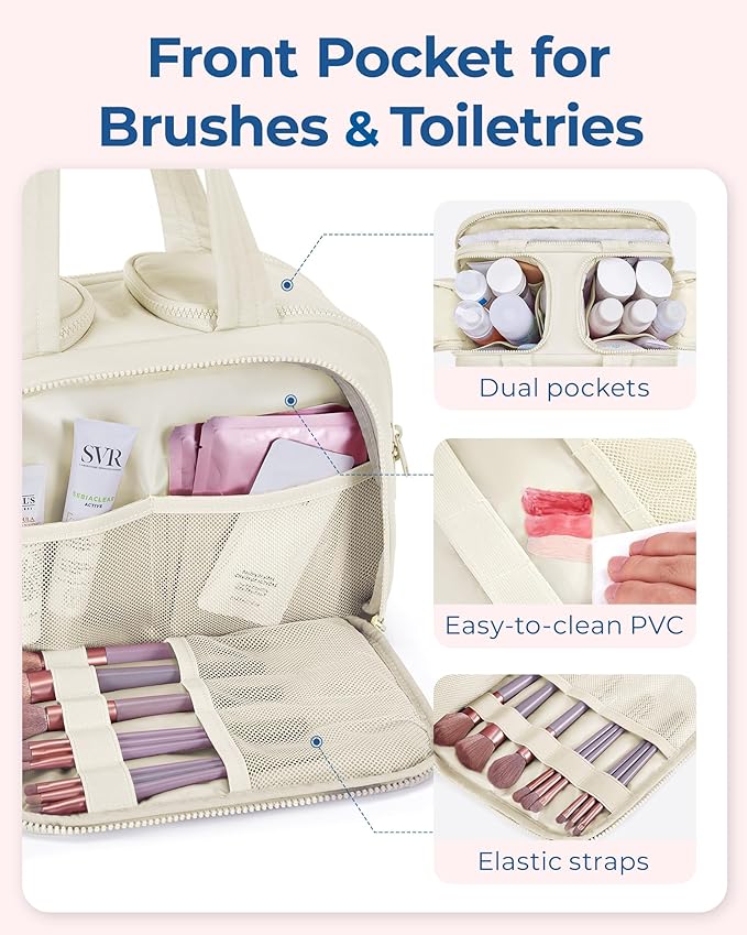 BAGSMART Travel Toiletry Bag, Crush Toiletry Bag for Women, Wide-open Puffy Toiletry Bags for Traveling, Large Travel Cosmetic Makeup Bag Organizer for Accessories,Toiletrie, Beige