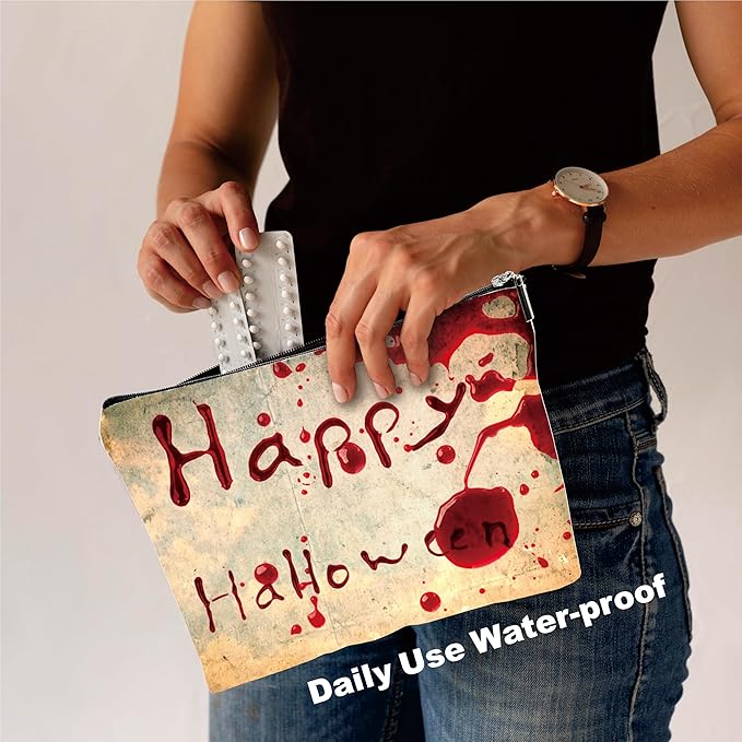 YKYENR Happy Halloween Makeup Bag - Vintage Simulated Blood Stains - Horror Printing Cosmetic Bag, Toiletry Bag Gift For Girls, Halloween Treat Bag, Teen, Personal Care & Accessories - A12