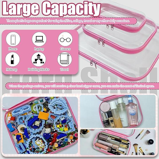 YOQIVEXU 3 Pcs Clear Hard Zipper Case, Hard Shell Plastic Clear Organizer Bag, Transparent Makeup Pouches, Portable Box for Travel Toiletries Storage Bins (Pink, Multi)