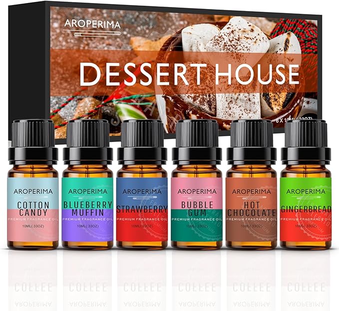 AROPERIMA Dessert House Fragrance Essential Oil Set - Cotton Candy, Blueberry Muffin, Hot Chocolate, Bubble Gum, Strawberry, Gingerbread 6x10ML for Diffusers, Massage, Perfume, Soap Making and Candle