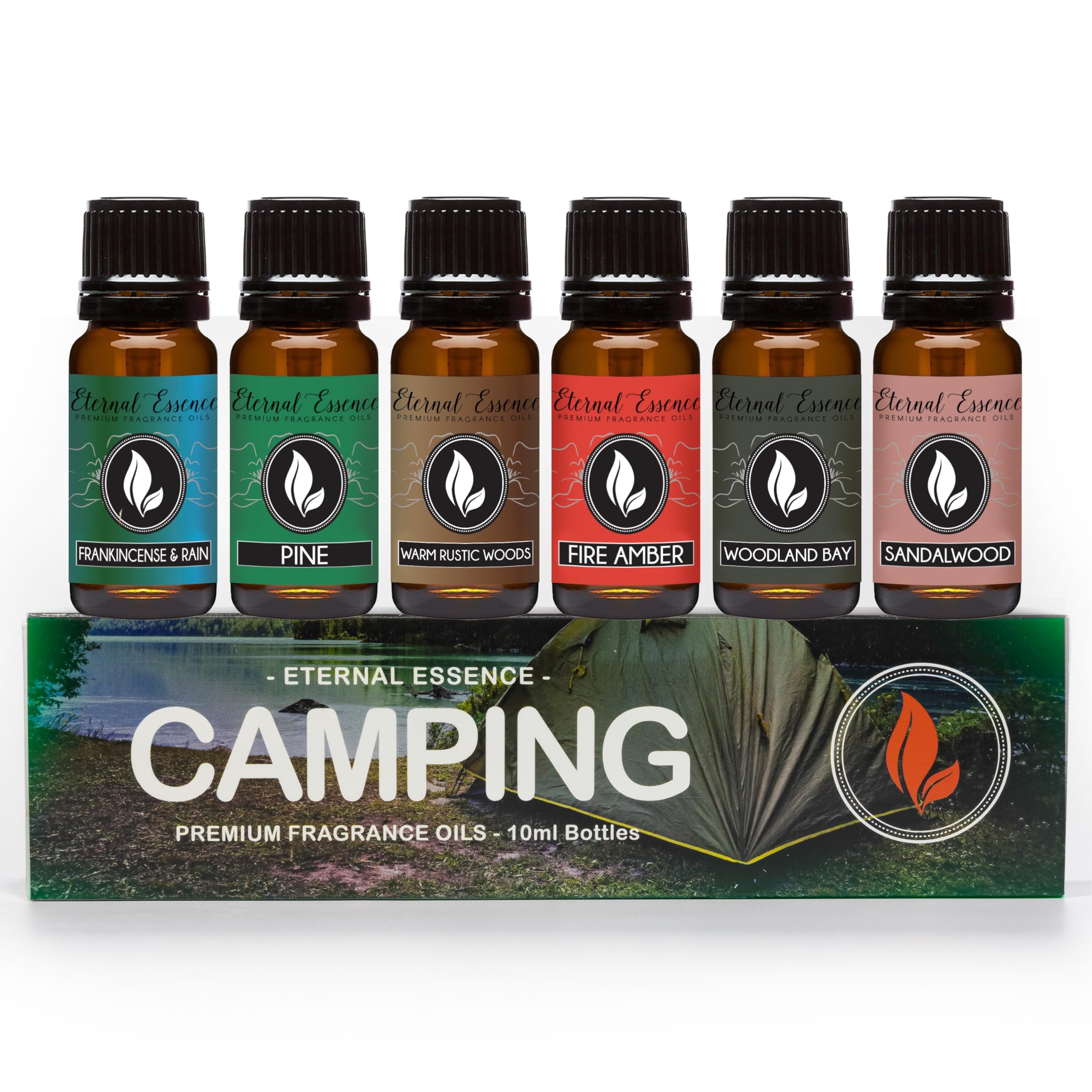 Eternal Essence Oils Camping Set of 6 Premium Fragrance Oils - Includes Warm Rustic Woods, Fire Amber, Pine, Sandalwood, Frankincense & Rain and Woodland Bay Scented Oils - 10ML