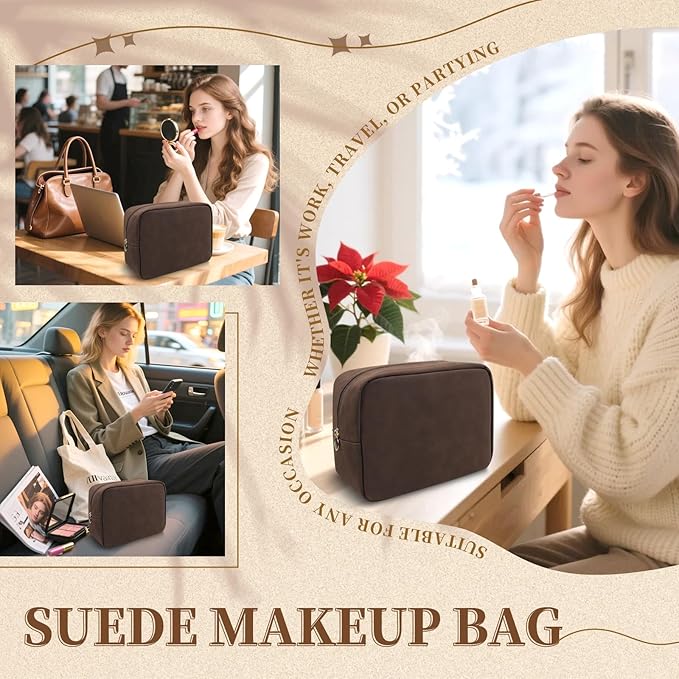 UIXIZQ Waterproof Large Makeup Pouch,Suede Women Travel Toiletry Storage Preppy Cosmetic Bag for Girls,Big Makeup Organizer Bag Cute Zipper Pouch for Sport Work Gift(Large-Coffee)