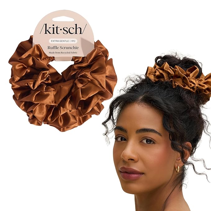 Kitsch Ruffle Satin Scrunchies For Women - Gentle Hair Tie - Camel