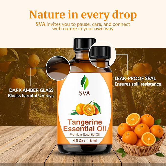 SVA Tangerine Essential Oil 4 Fl Oz – for Diffuser, Skin & Hair Care – Ideal for Massage & DIY Blends – with Dropper