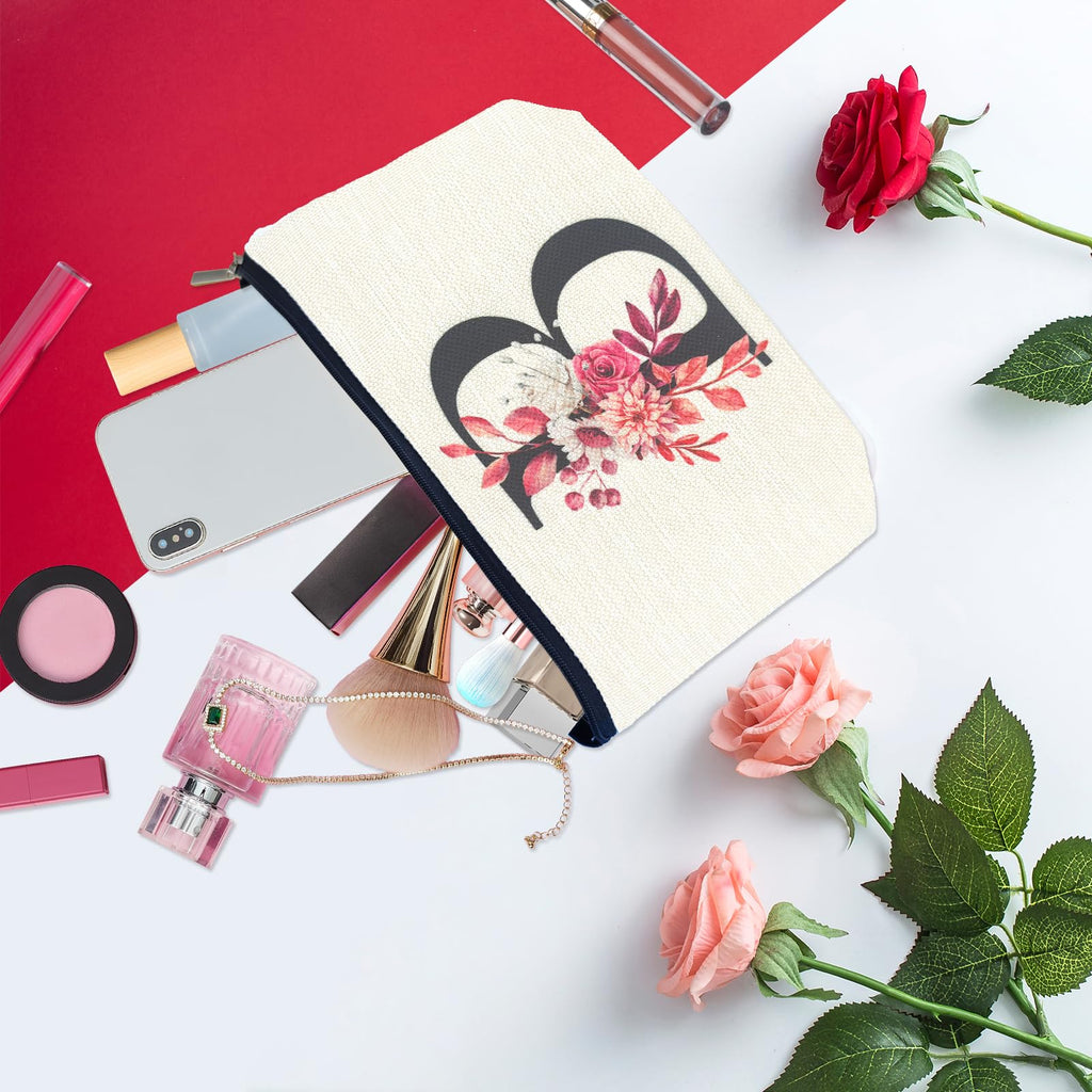 Initial A-Z Personalized Floral Makeup Bag, Monogrammed Birthday Gifts for Women Mom, Mothers Day Christmas Gift Ideas for Best Friend, Bride Bridesmaid, Her, Grandma, Small Travel Cosmetic Bag (B)