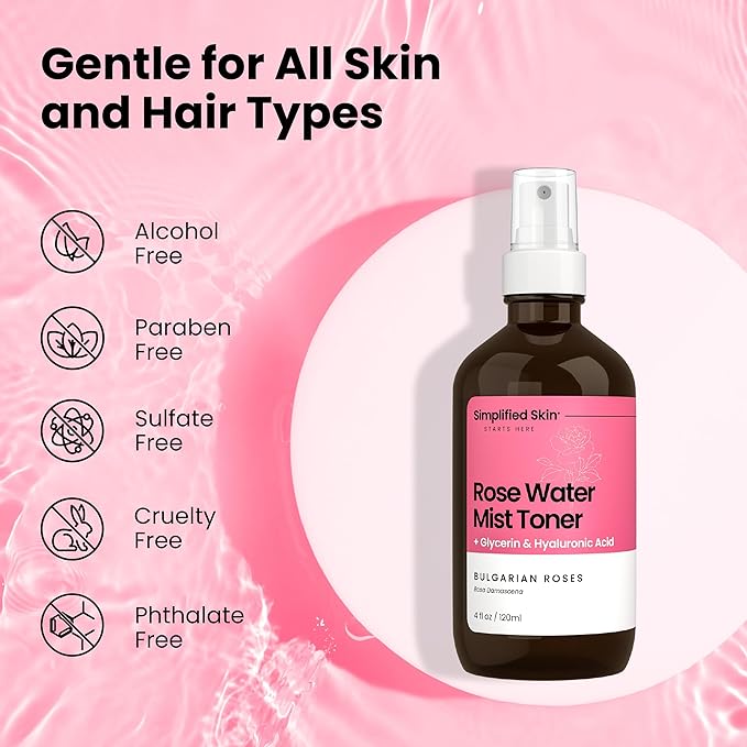 Simplified Skin Rosewater and Glycerin Spray for Face & Hair, Mist Toner
