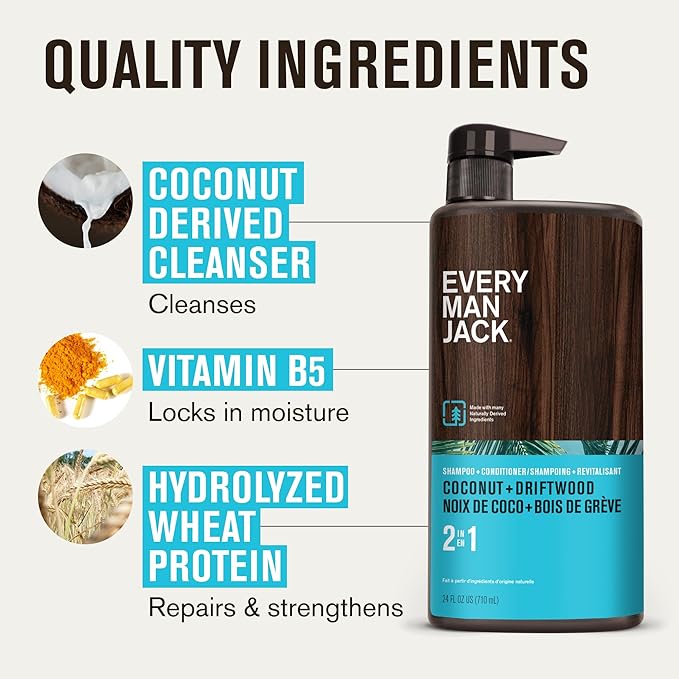 Every Man Jack Men's Shampoo & Conditioner 2-in-1, Coconut Driftwood, 24 oz