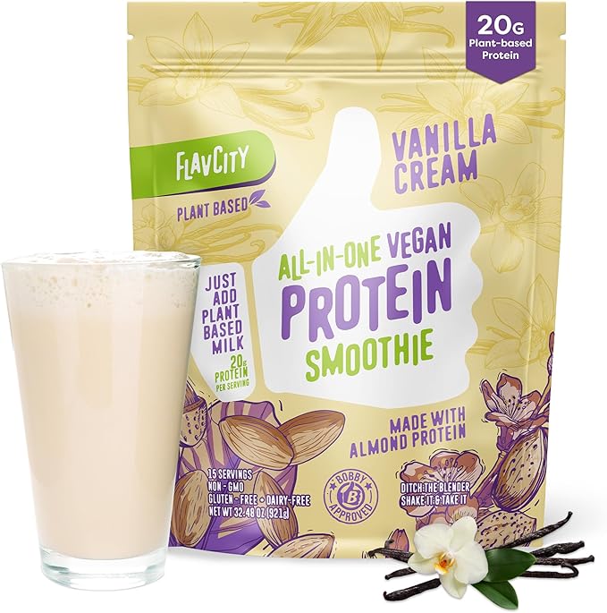 FlavCity Vegan Almond Protein Shake Powder, Vanilla Cream + Reishi & Cordyceps Mushrooms - Focus, Skin, Hair & Joint Support - Organic Fruit All in One Smoothie On-the-Go, 20 Servings