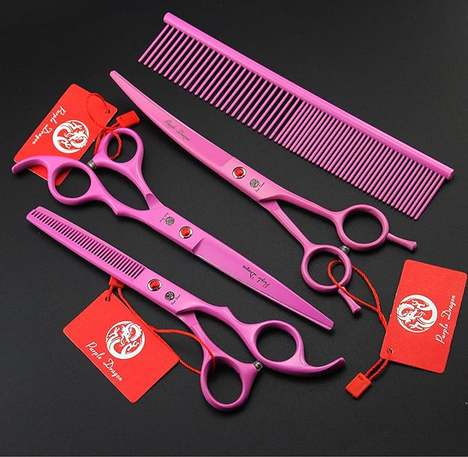 Purple Dragon 7" Dog Grooming Scissors Set with Rhinestone Accent - Pink