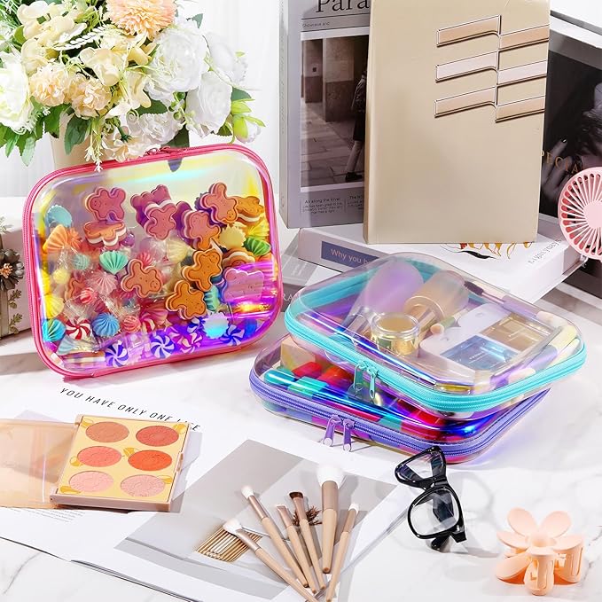 Hoolerry 3 Pcs Clear Hard Zipper Case Hard Plastic Zipper Pouch Makeup Bag Portable Travel Organizer for Cosmetics, Office Supplies, Documents & Toiletries(Laser,M)