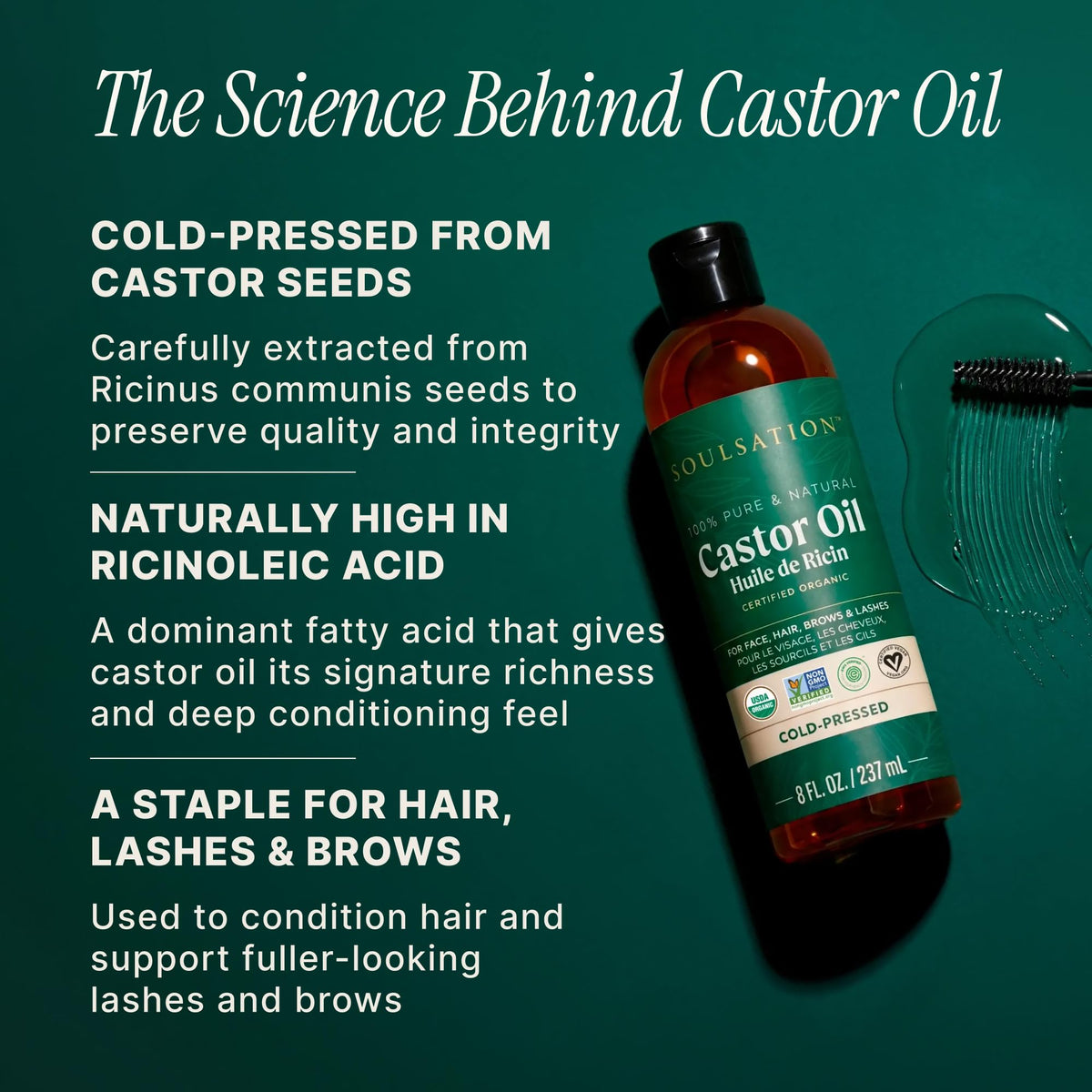 SOULSATION Castor Oil Organic Cold Pressed for Eyelashes, Hair & Skin 2oz