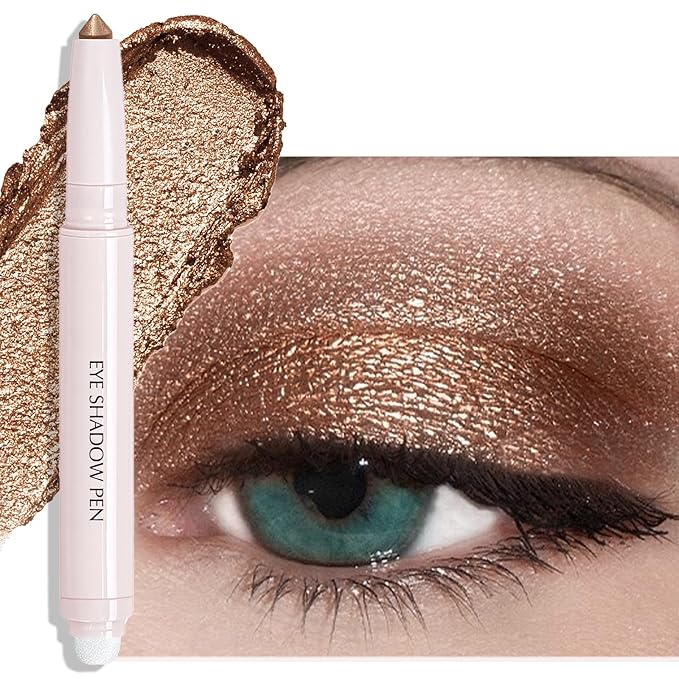 Wugbc Eyeshadow Stick, Bronze Shimmer Cream Eyeshadow Long-Lasting Crease-Proof Glitter Eye Shadow Eyeliner Pencil High Pigmented Neutral Highlighter Makeup with Blending Brush & Built-in Sharpener