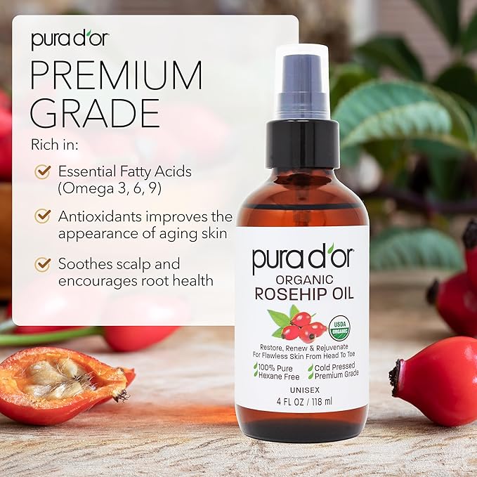 PURA D'OR ORGANIC Rosehip Seed Oil 100% Pure Cold Pressed USDA Certified For Hair, Skin, Scalp, Anti Aging Face & Body - Hexane Free Glass Bottle - 4 Oz - Ayurvedic Hair Care