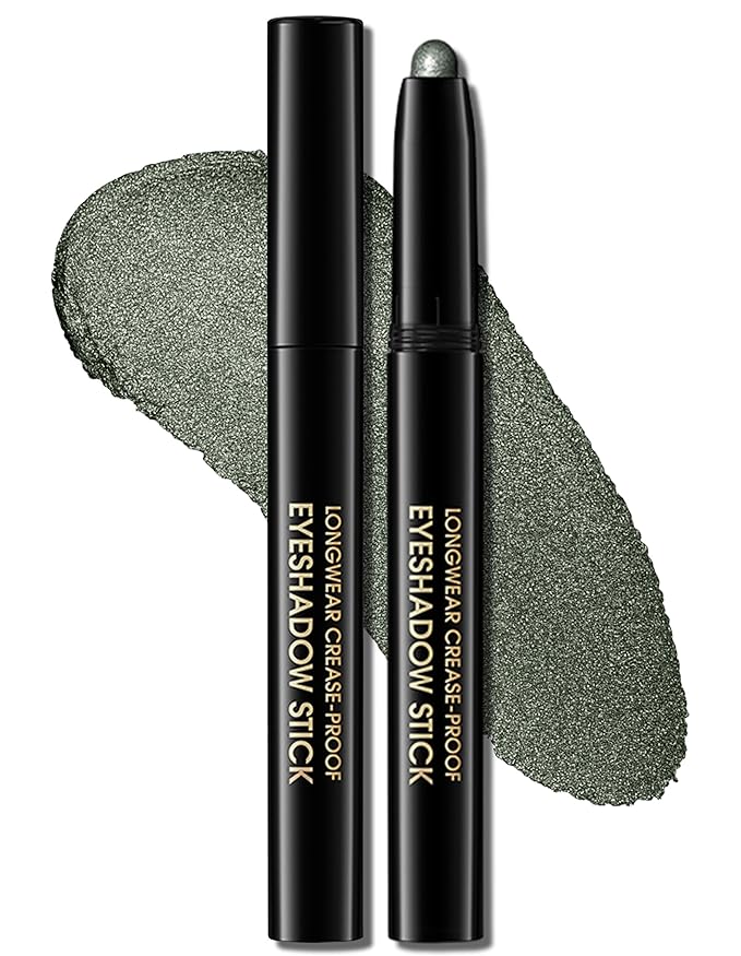 Erinde Waterproof Cream Eyeshadow Stick, Dark Green Shimmer Eye Shadow Sticks, Cream to Powder Eyeshadow Pencil Crayon, Buildable & Blendable Long-Lasting Eye Shadow Stick, Vegan & Cruelty-Free, 04