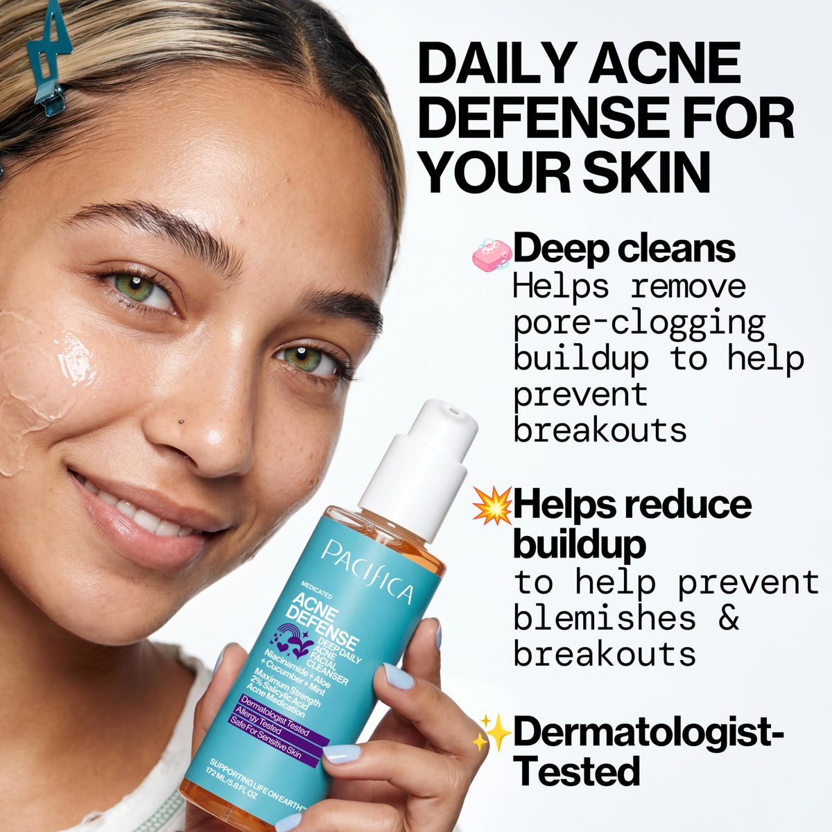 Pacifica Acne Defense Face Wash - Deep Pore Purifying Face Cleanser - w/ 2% Salicylic Acid, Pore Reducing Niacinamide & Inflammation Reducing Cucumber - for Sensitive Skin Vegan Dermatologist Tested