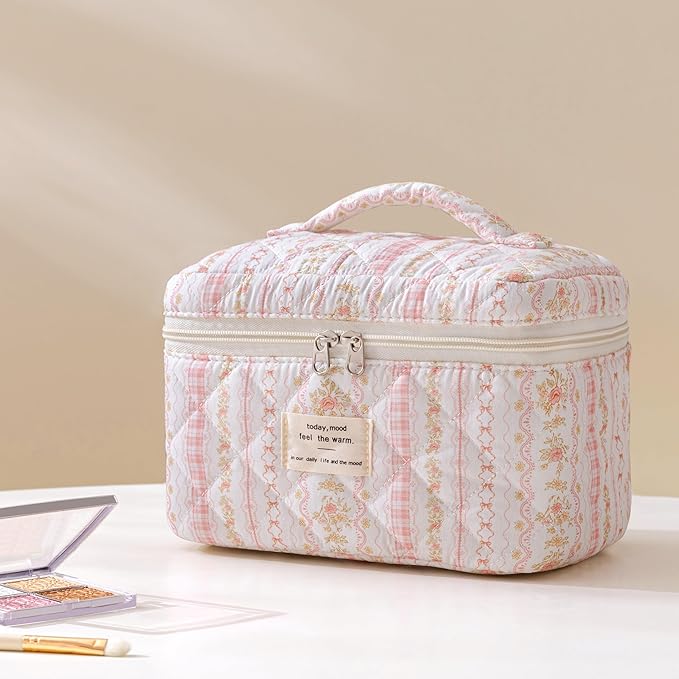 HBselect Quilted Makeup Bag, 3Pcs Cotton Large Travel Makeup Bags Organizer