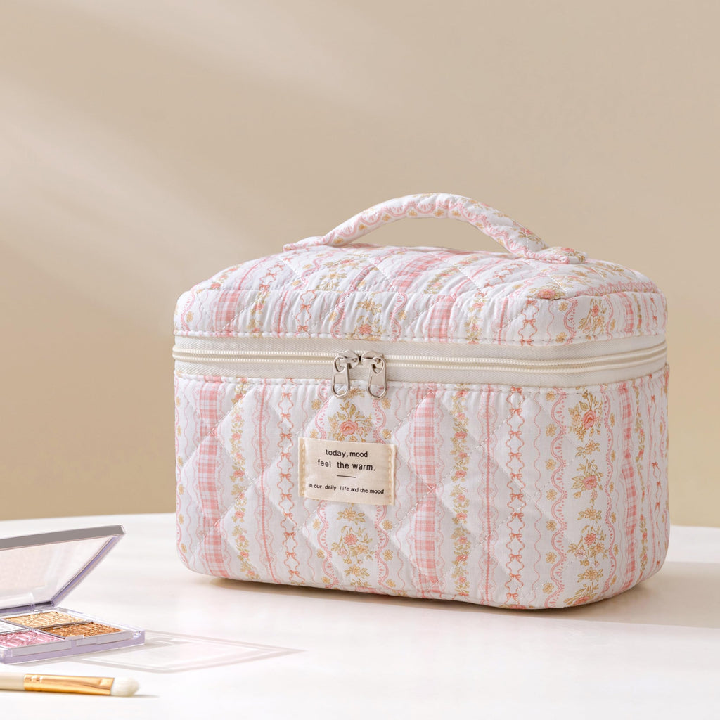 HBselect Quilted Makeup Bag, 3Pcs Cotton Large Travel Makeup Bags Organizer