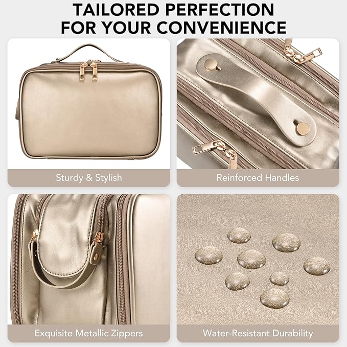 HauteHues Travel Makeup Bag Women's Large Capacity Cosmetic Portable Organizer Large Opening Waterproof Storage Toiletry Bags Vertical Free-Standing Brush Holder for Easy Access Copper
