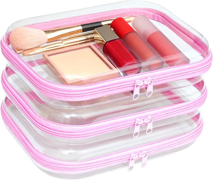 PGAXM 3PCS Clear Hard Plastic Zipper Case, Double Zippers Hard Pouch, Portable Travel Organizer Bin Clear Makeup Bag for Toy Storage, Snack Bag, Cosmetics, Diaper Bag, Toiletry Bag(3PCS-M-Pink)