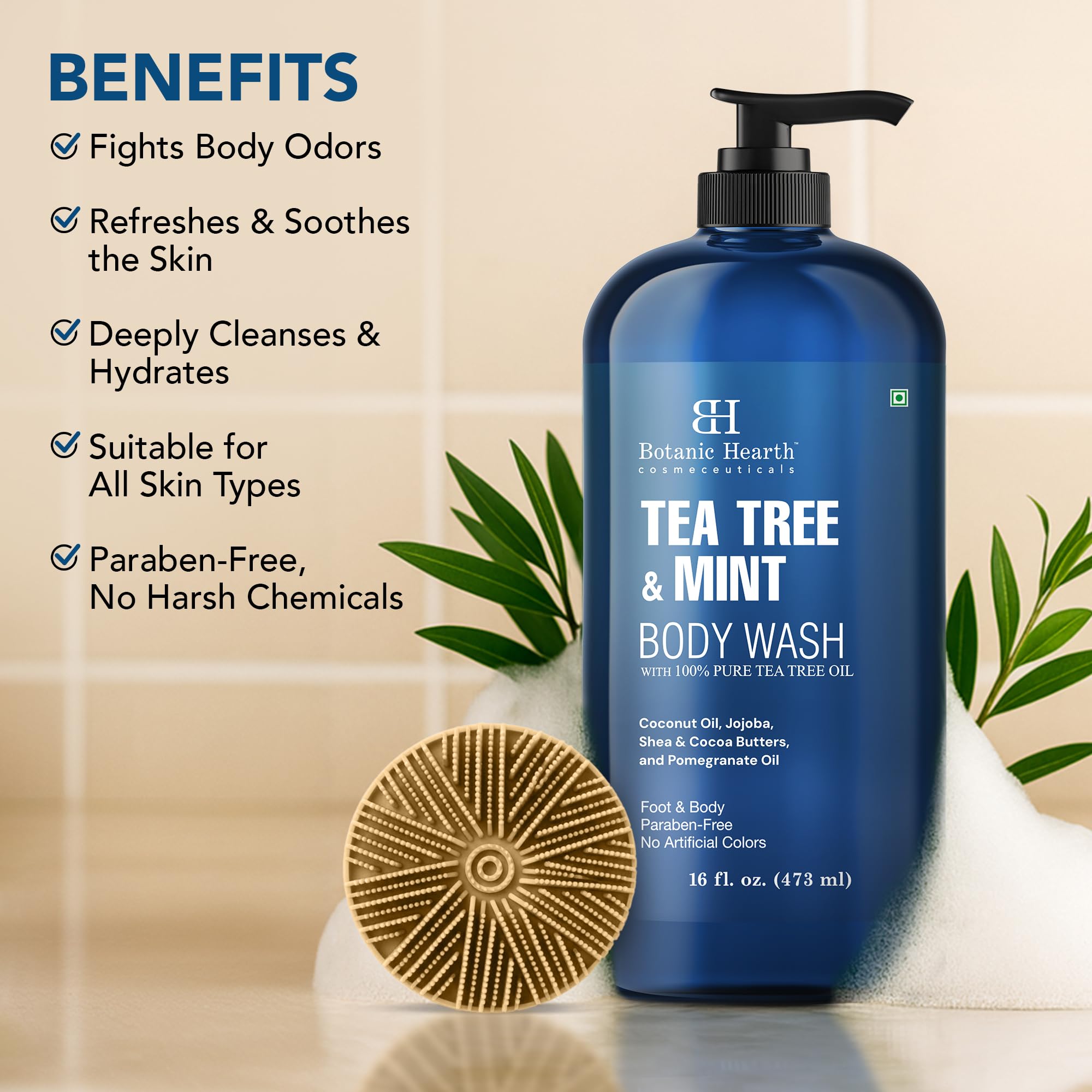 Botanic Hearth Tea Tree & Mint Body Wash with Silicone Body Brush16 fl oz