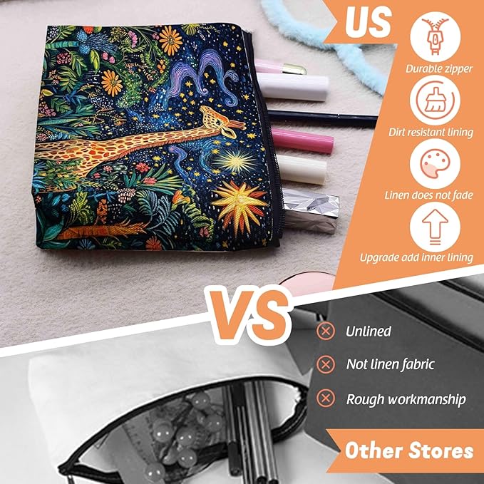 Scribesense Cosmetic Bags Travel Makeup Toilet Case Waterproof Pouch for Women Girls 6.7X9.45inches - Giraffe in A Starry Jungle in A Colorful Illustration
