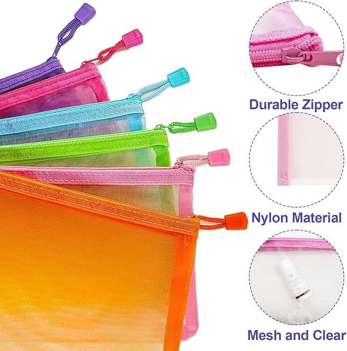 CarryEpic Mesh Pouches(6 Pack), Mesh Bags with Zipper Nylon Makeup Pouches Bag Cosmetic Pouch Travel Purse Organizer Insert Diaper Inside Bag Organizers Home Organizing Size See Through Cute Colors