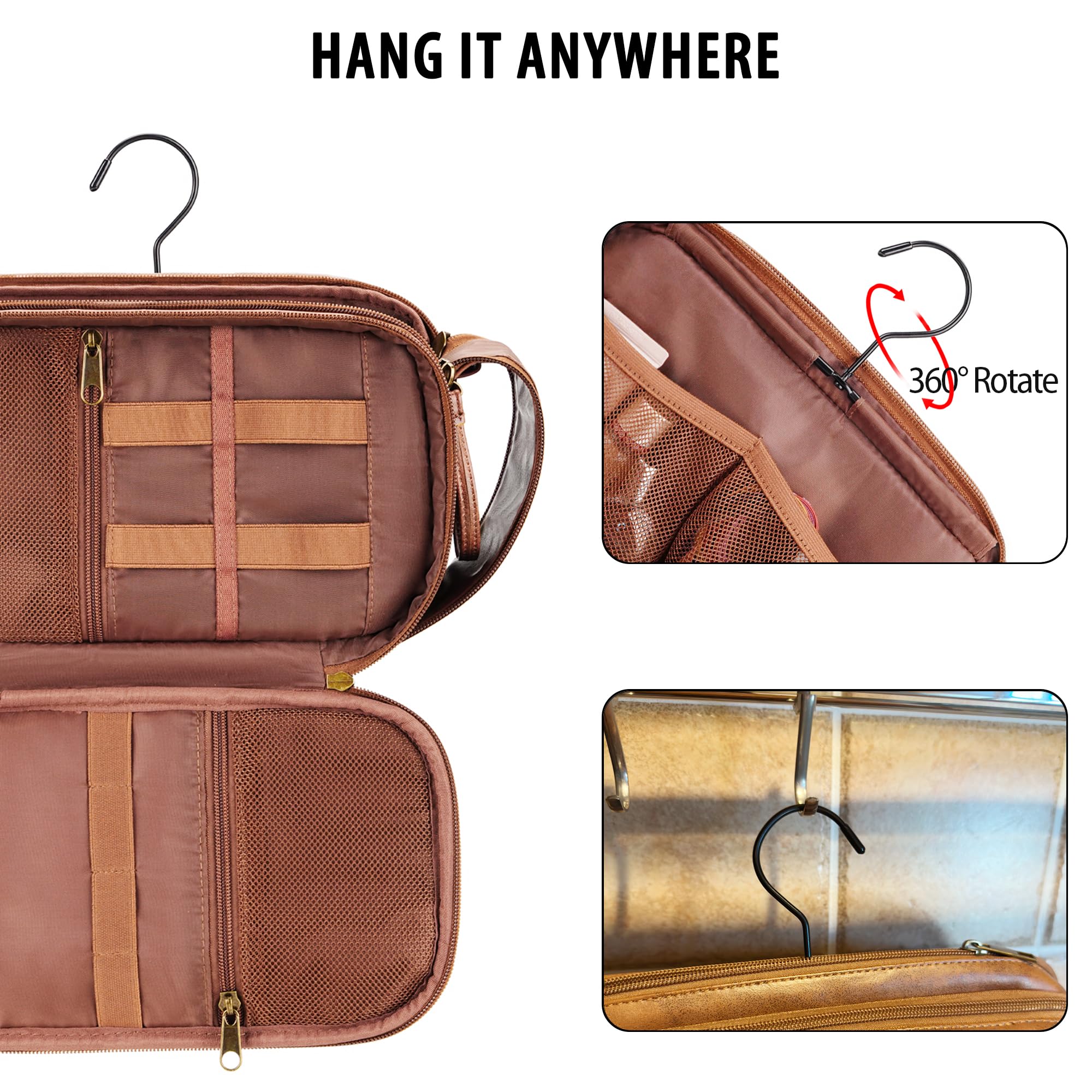 COOSKY Travel Toiletry Bag for Men, Large Hanging Toiletries Organizer Bags for Women, Cruise Ship Essentials, Water-resistant Shaving Case, PU Leather Makeup Accessories Cosmetic Dopp Kit, Dark Brown