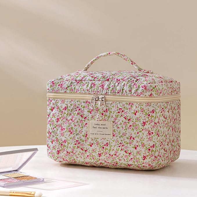 HBselect Quilted Makeup Bag, 3Pcs Cotton Large Travel Makeup Bags Organizer