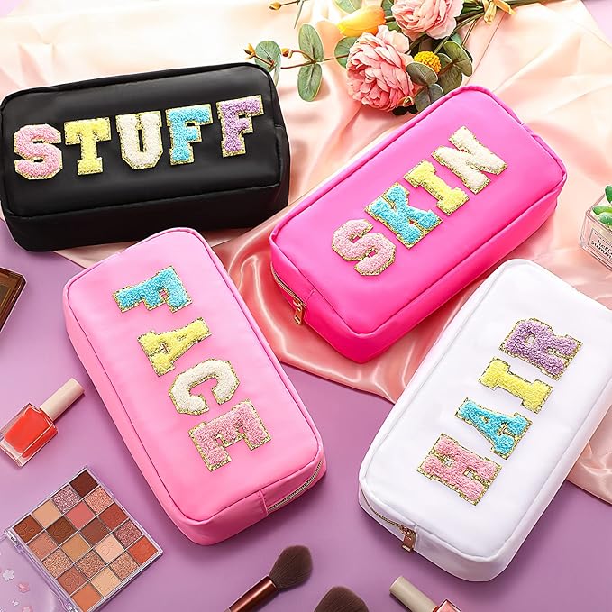 Cunno Preppy Makeup Bags Chenille Letter Stuff Bag Nylon Cosmetic Pouch Cases with Zipper for Women Travel Toiletry(Cute Color,Vivid,4 Pcs)