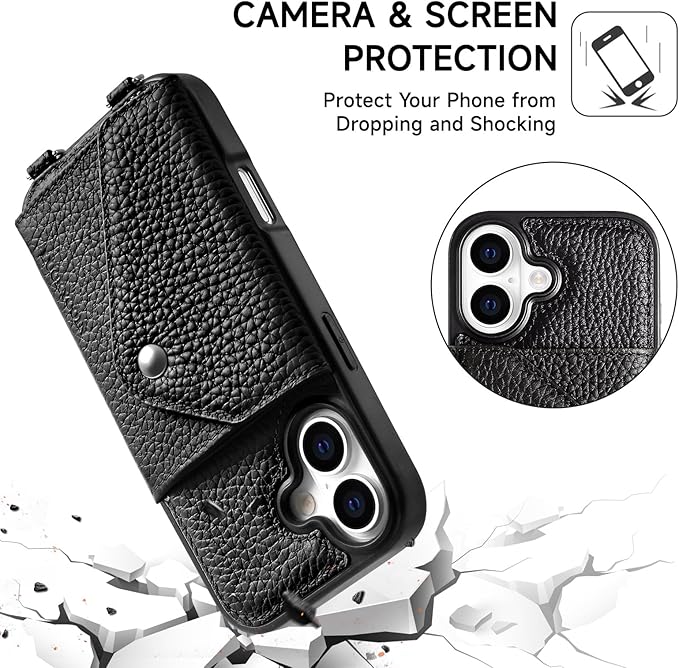 LUCKYCOIN Crossbody Phone Case for iPhone 17,100% Genuine Leather Phone Wallet Case for Women, Fashion Premium Hands-Free Phone Purse with Expandable Flip Card Holder & Adjustable Strap - Pebble Black