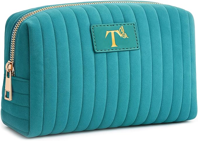 BagUrshion Monogrammed Make Up Bags for Women,Personalized Cosmetic Bags Women,Small Quilted Makeup Pouch,Cute Makeup Bag Travel,Birthday Gifts for Teen Girl (Blue T)