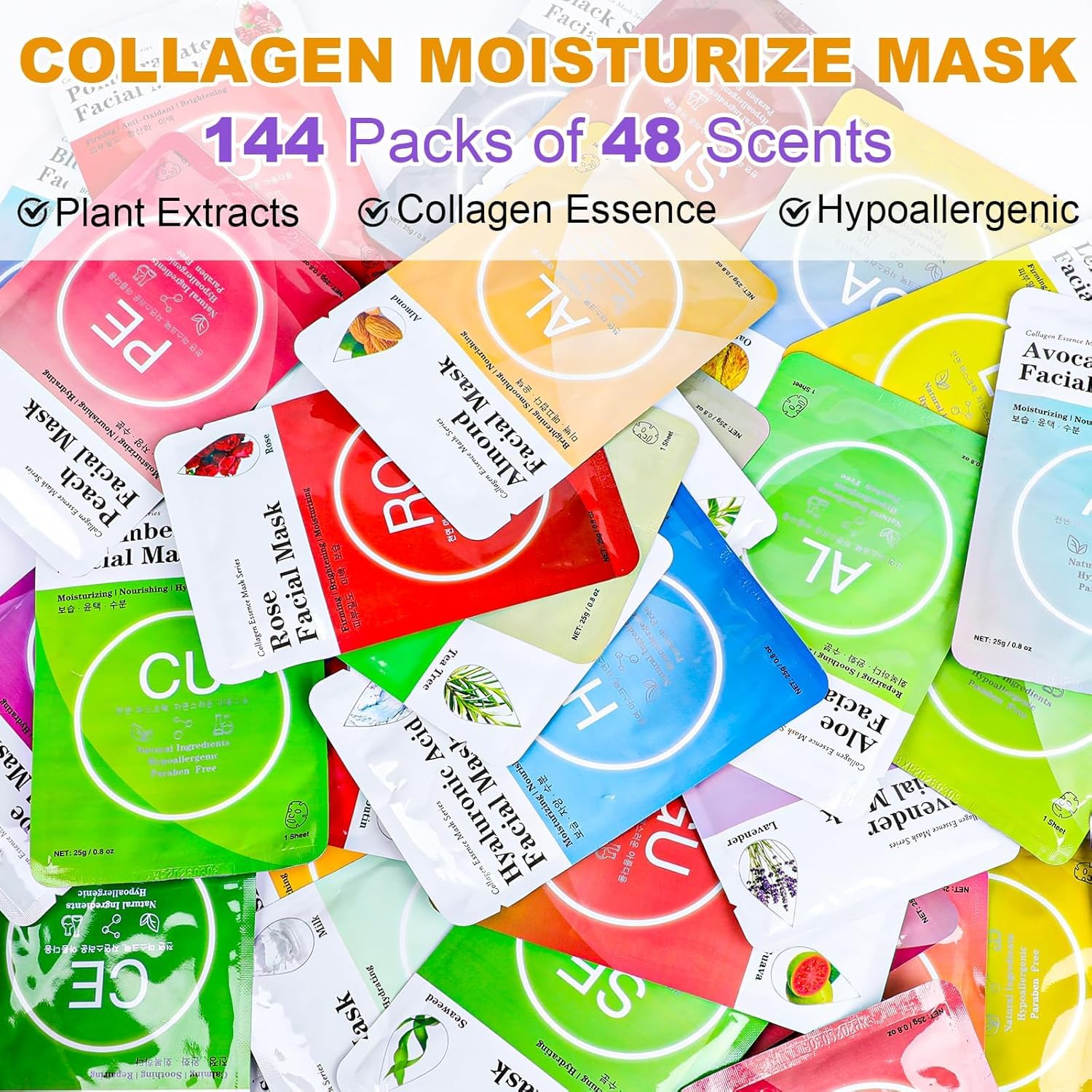 VESPRO 144 Pack Bulk Sheet Face Masks Skincare, Facial Masks for Most Skin Types, Moisturizing & Hydrating, Spa Party Gifts and Birthday Gifts for Women