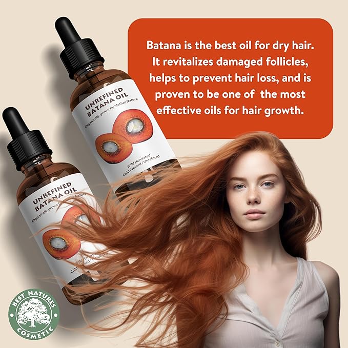 Best Nature's Cosmetics Batana Oil for Hair Growth and Repair: Raw Batana Oil from Honduras - 100% Pure & Natural - For Thicker & Stronger Hair. Recognized by Dr. Sebi (2 fl oz)