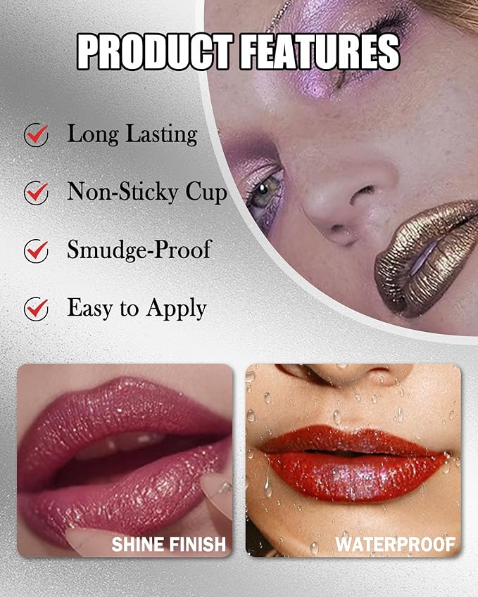 Diamond Glitter Matte Lipstick, Long Lasting Waterproof Ruby Red Metallic Sparkling High Pigment Non-Stick Lip Tint Lip Gloss,Full-coverage Lipgloss, Christmas Lip Makeup Gift for Women Girl-04